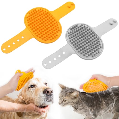2 cepillos de baño con tiras de goma, cepillos de silicona suave de con mango ajustable para perros, gatos, mascotas, pelo corto y pelo largo con efecto masaje, champú y peines para