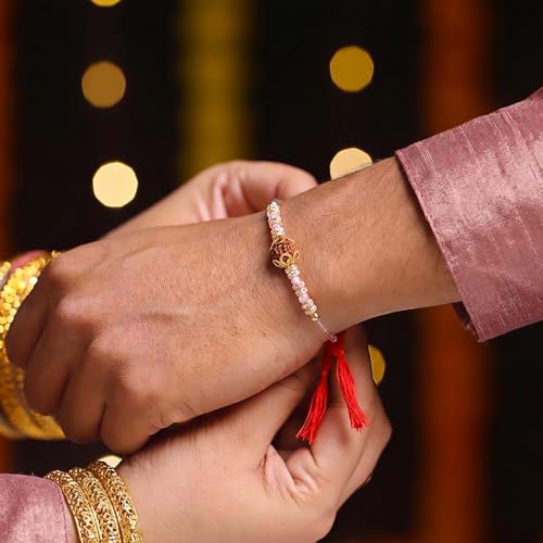 Image of Peora Rakhshabandhan Thread Rakhi for Brother Bhaiya | Kundan Beads & Crystal Studded | Combo Set of 2 | Rakhi Hamper Roli Chawal & Greeting Card