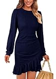 PRETTYGARDEN Women's Spring Fall Ruched Bodycon Mini Dress Long Puff Sleeve Ruffle Fitted Cocktail Party Dresses (Navy,Large)