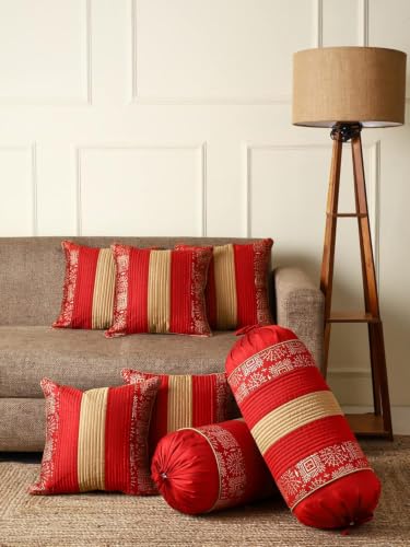 Image of Gifts Island Combo Silk Traditional Striped & Rajasthani Warli Golden Hand Printed Pillow Cushion Covers 16x16 inches Set of 5 & Round Pillow Bolster Covers Set of 2 16x32 inches (Red)