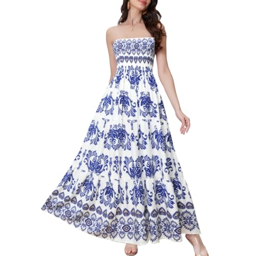 Image of Women's Summer Strapless Tube Top Maxi Dresses Off Shoulder Boho Beach Long Dress