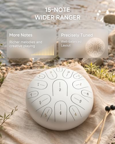 Donner Steel Tongue Drum, 12 Inches 15 Notes Handpan Drum with Mallets, Music Book and Carry Backpack, Hand Pan for Adults with Finger Picks and Note Stickers, Gift Idea with Greeting Card, White - image 3