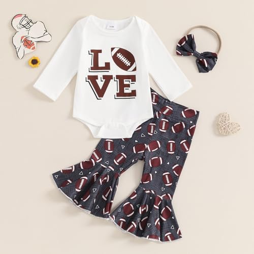 BULINGNA Infant Baby Girl Football Season Outfit Set Love Bodysuit Romper Football Flared Pants with Headband Fall Clothes3