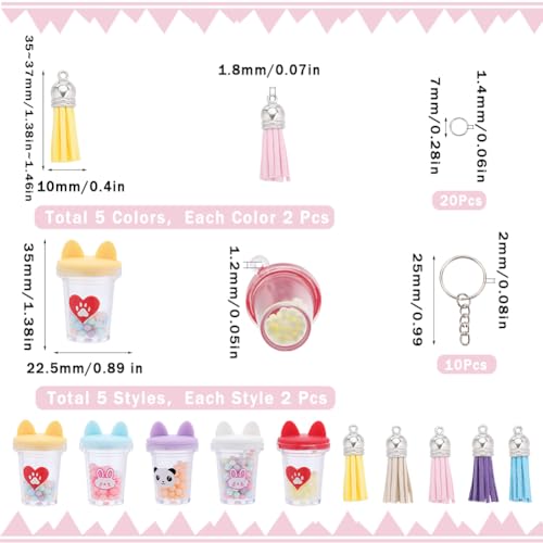SUNNYCLUE 50Pcs DIY 10Sets Milk Tea Charms Faux Suede Tassels Large Boba Tea Cat Charm Keychain Making Kit Resin Bubble Tea Key Chain Split Rings for Keychains Making Supplies Bag Purse Decoration - Image 2