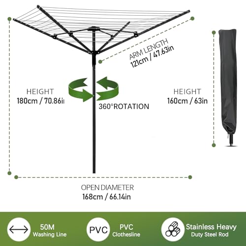 Umbrella Clothesline Outdoor, Rotary Retractable Clothes Line Outdoors Adjustable Height Drying Rack Clothing 4 Arms 12 Lines with 165 Feet Heavy Duty Outdoor Clothesline for Backyard - Image 4