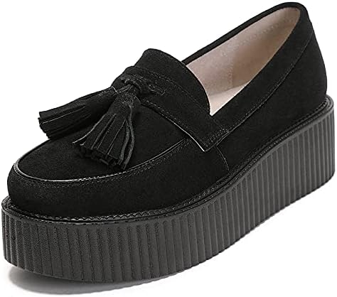 RoseG Women’s Leather Loafers Flats Shoes Platform Slip-On Tassels Creepers