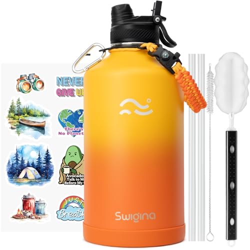 Image of Swigina [2-IN-1 LID] Gallon Insulated Water Bottle with Silicone Boot (48hrs Cold /24hrs Hot) - DIY Stickers, Leakproof, BPA Free, 128 oz