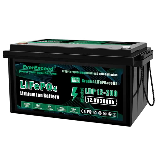 EverExceed 12V 200Ah Bateria Lifepo4 con BMS integrado de 150A, Bateria Litio 2560Wh con Protección Contra Bajas Temperaturas, ideal para Yates, Embarcaciones, Barcos, Energía Doméstica