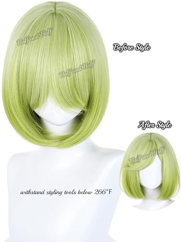 Image of Half and Half Short Light Green Bob Cosplay Wig Green Anime Wizard Costume Wigs with Side Part Bangs for Women Halloween Party Daily