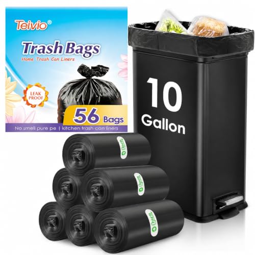Image of 10 Gallon 56 Counts Medium Trash Bags Tall Kitchen Garbage Bags by Teivio, Fit 9，10，11 Gallon,Bathroom Trash Can Bin Liners, Intended for Home,Plastic Bags for office kitchen, Black