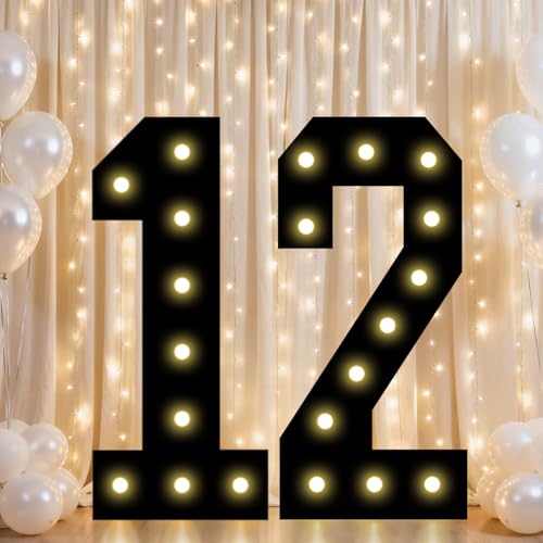 Image of Pooqla 12th Birthday Decorations for Boys, 2.4FT Light Up Numbers | Marquee Numbers Black Party Decorations, Large Lighted Number Gifts for Boys 12th Anniversary Decoration Party Backdrop