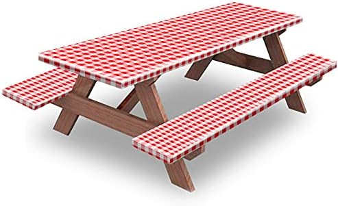 Picnic Table and Bench Fitted Tablecloth Cover, 3-Piece Set, KENOBEE Flannel Backing Elastic Edge Waterproof Wipeable Plastic Cover Vinyl Tablecloth for Home Goods Indoor Outdoor Patio, Red-White