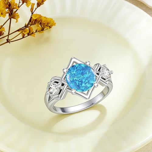 Image of 0.3 Carat Moissanite and White Opal /Blue Opal /Black Opal Engagement Ring 925 Sterling Silver 8-9 MM Heart /Round /Oval Cut Opal Moissanite Ring for Women Size 5-13