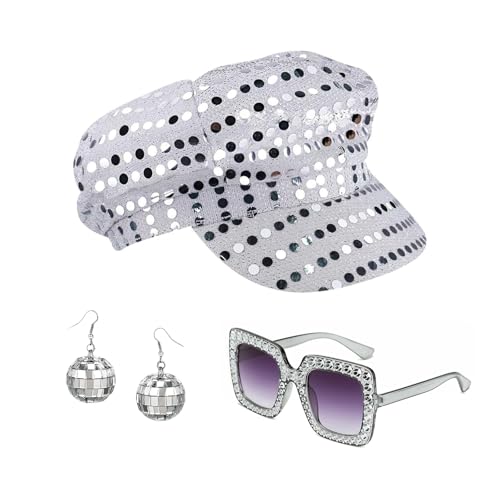 TGKEAIY 3 peças chapéu de discoteca dos anos 70, jogo de fantasia de discoteca com óculos de sol quadrados com chapéu de lantejoulas brincos, fantasia de discotecas dos anos 70