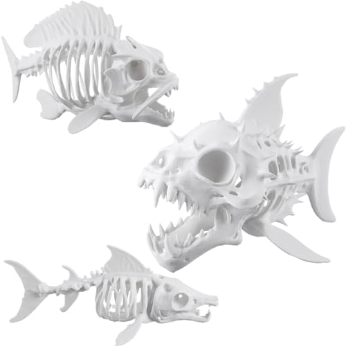 Kathfly 3 Pack Skeleton Fish Decor Animals Skeleton Ornaments Plastic Skull Fish Bones Figure Decor for Indoor and Outdoor Halloween Party Props Escape Rooms