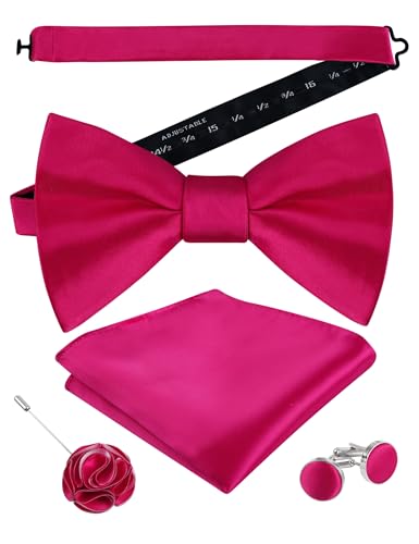 Image of Alizeal Mens 4pcs Formal Solid Bow Tie Set | Pre-tied Pocket Square Cufflinks Boutonniere for Wedding Everyday Use