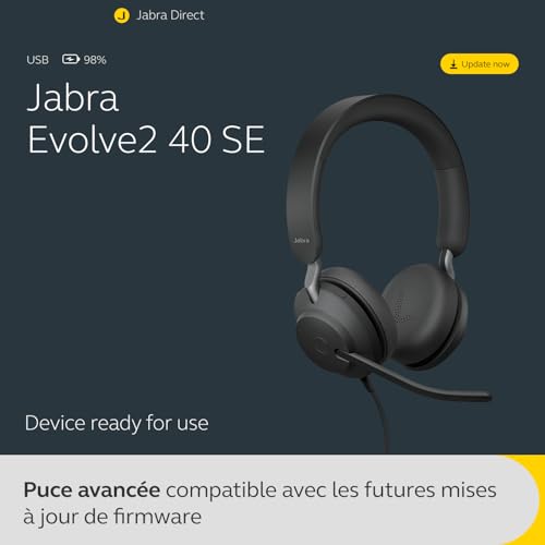 Jabra Evolve2 40 SE Casque stéréo Filaire antibruit avec Technologie d'appel à 3 micros et câble USB-C - Fonctionne avec Zoom et Google Meet - Noir