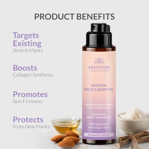 Image of AreoVeda Natural Belly & Body Oil | Suitable for Stretch marks | Boosts Elasticity & Skin Firmness | With Almond Oil, Shatavari & Coffee | Relieves Stress | Pregnancy & Breastfeeding Safe| 100ml