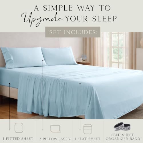 Image of KARISSA MAE Luxury Bamboo Viscose Cal King Size Sheet Set | FSC Certified | Cooling | Ultra Soft | 18 inch Deep Pockets | Elastic Corner Straps | Includes Organizer Band [Coastal Blue]