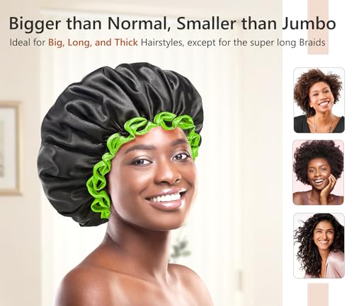 mikimini Large Black Shower Cap for Women and Men Reusable Waterproof XL Shower Hats for Thick Long Hair Black Bath Caps with Green Edge 2 Packs - Image 3
