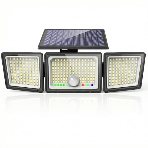 Solar Outdoor Lights Motion Sensor, 2500LM 286 LED Security Flood Lights with Visual Battery & Mode Display, 3 Lighting Modes, IP65 Waterproof 3-Head Wide Angle for Garage, Yard, Patio (1P Warm White)