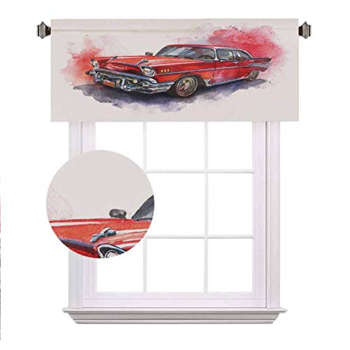 Watercolor Window Valance,Hand Drawn Old Fashioned Car Antique Motor Vehicle Retro Outdated Abstract Art Decorative Curtain Valance for Kitchen Bedroom Decor with Rod Pocket,42\"x18\",Red Dimgrey