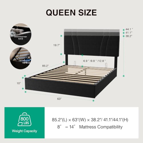 Image of Novilla Queen Lift Up Storage Bed Frame /Charging Station /LED Light, Black