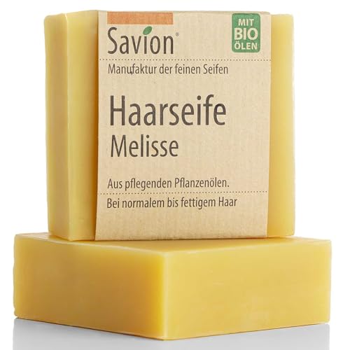 Savion Bio Haarseife Melisse | Natürliche Haarpflege für mehr Fülle & Glanz | Vegan & Nachhaltig | Für Normales bis Leicht Fettendes Haar | Made in Germany 85g