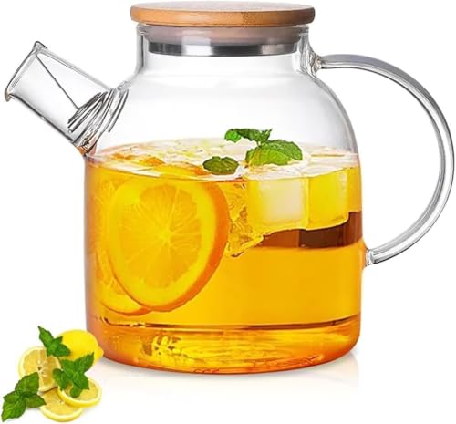 Image of PrimeWorld 1pc 2 Litre Glass Water Jug Wooden Lid, Microwave Safe Glass Borosilicate Teapot with Strainer, Detox Water Bottle Jar for LooseLeaf Maker,Hot /Cold Drink,Iced Tea, Coffee,Juice,Milk