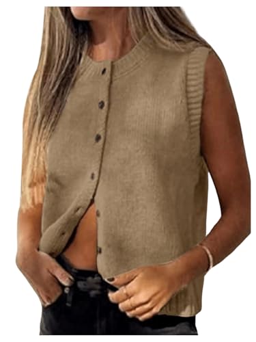 Image of Milumia Women's Round Neck Button Up Sweater Vet Sleeveless Basic Knit Tops Khaki Small