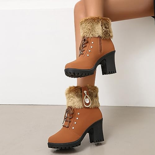 Women's Lace Up Winter Snow Boots Cold Weather Outdoor Rhinestone Warm Boot,Lace Up Round Head Plush Lined Chunky Heel Thermal Snow Boots 5