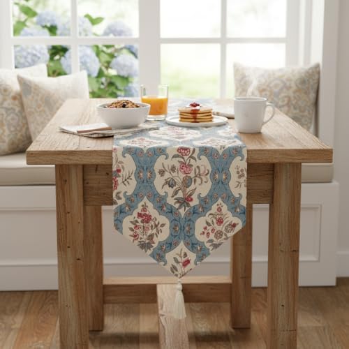 Image of COZY FURNISH Reversible Floral Dining Table Runner - Microfiber Cotton Decorative Runner with Tassels for 6 Seater Table & Bed (13x72 Inches)