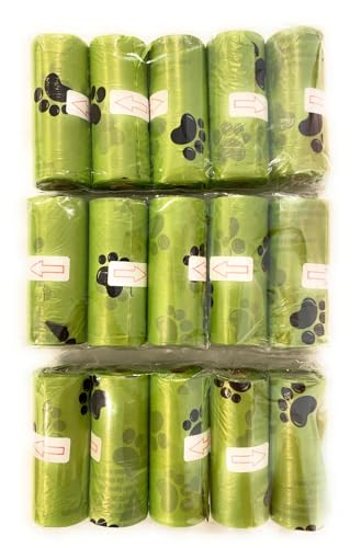 Image of Dog Poop waste Bags with Paw Print Design, 15 Rolls, total 225 Count, Thick & Leak-Proof, 8.7 x 11.8 inches, Unscented
