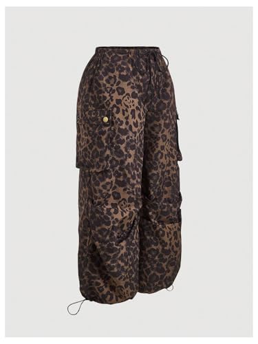 Verdusa Women's Plus Size Leopard Print Cargo Pants Drawstring High Waisted Wide Leg Baggy Trousers3