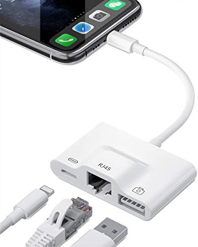 Lighting to Ethernet Adapter, 3 in1 RJ45 Ethernet LAN Wired Network Adapter with Charging Port and USB 3.0 Port Adapter, 10/100Mbps High Speed Compatible with iPhone/i-Pad, Support iOS 10-iOS15