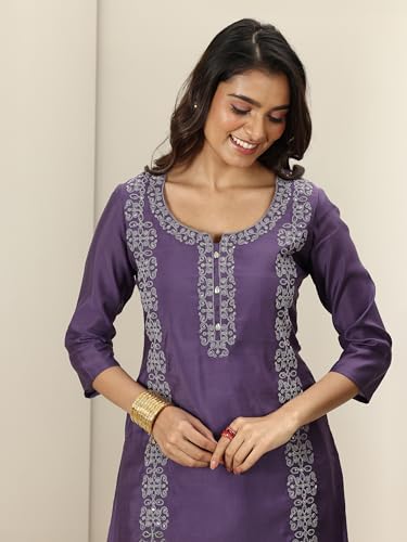 Image of Libas Womens Embroidered Silk Blend Straight Kurta with Palazzos and Dupatta