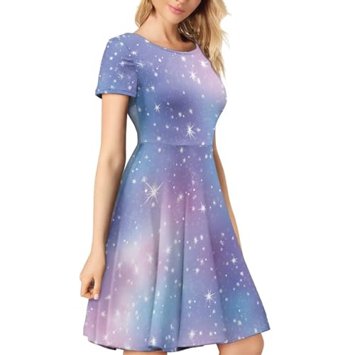 Image of HUGS IDEA Womens Puffy Swing Midi Dress Round Neck Short Sleeve Party A-Line Dresses