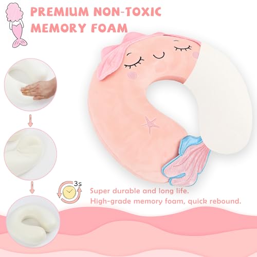 Image of Travel Pillow, Travel Accessories for Car Airplane Traveling, Soft Memory Foam Kids Travel Pillow with Sleep Eye Mask Kids Neck Pillow for Boys & Girls - Cute Pink Mermaid