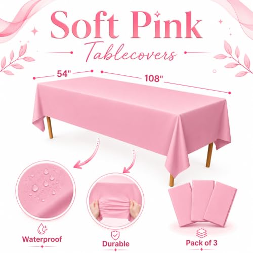 Image of Blue Orchards Soft Pink Plastic Table Cover (Pack of 3 with 20 Glue dots) - 54 inch x 108 inch - Light Pink Disposable Waterproof Tablecloth, Pastel Birthday Party Supplies, Baby or Bridal Shower, Wedding