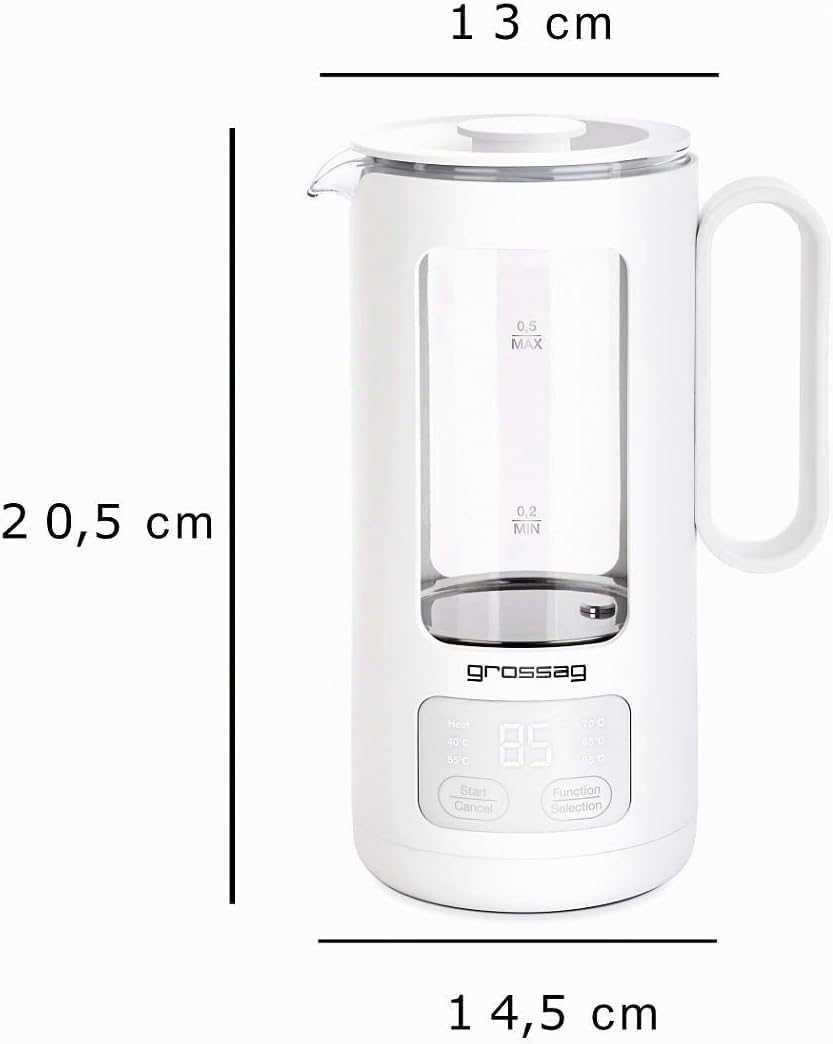 grossag Bouilloire en verre WK 8.00 avec pot en verre de 0,5 litre, sans BPA pour le thé et les aliments pour bébés