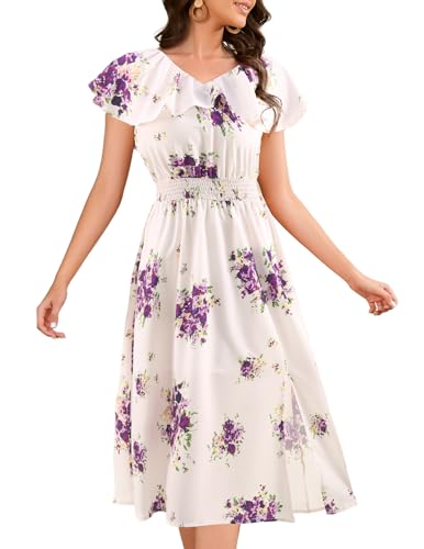 Image of Bridesmay Womens Summer Floral Midi Dresses Ruffle Sleeve Beach Wedding Guest Dress V Neck Swing Flowy Dresses