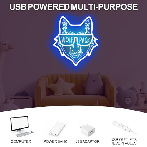 Image of Wolf Pack Family Neon Sign, Wild Animal Birthday Gift, Family Reunion LED Light, Animal Lover Decor, Wolf Lovers Gift, 14.4 inchx13 inch, Blue+Ice Blue