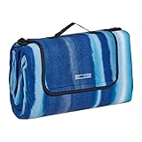 Relaxdays XXL Picknickdecke, 200x200 cm, Fleece Stranddecke, gestreift, wärmeisoliert, wasserdicht, alubeschichtet, blau
