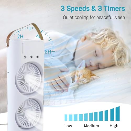 Image of Electric Fan Desktop Double-Head with Remote, 3 Speed, Spray Cooling, USB Charging, 38x17x9 cm, for Indoor Outdoor Office Bedroom