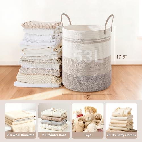 Image of 53L Tall Cotton Rope Laundry Basket with Handles, Brown Striped