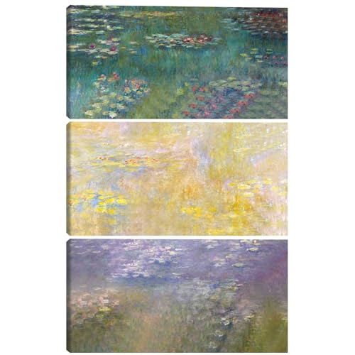 PHOENIX Claude Monet Wall Art Decor Set of 3 Framed Canvas Water Lilies Green Blue Golden Purple - Pink Tones Shades for Living Room Bedroom Office 8X16 Inch