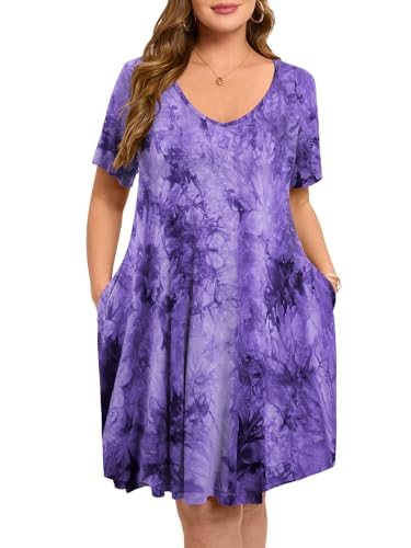 Image of ZENNILO Women's Plus Size Swing Dress with Pockets Casual Summer Dresses V Neck Short Sleeve T Shirt Dress for Women