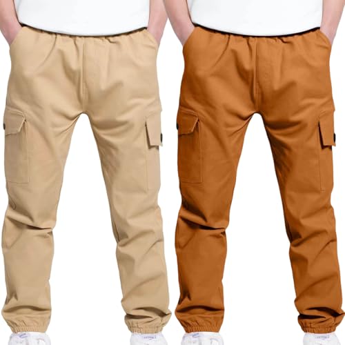 Boys 2Pack Cargo Pants 2025 Elastic Waist Casual Jogger Pants Kids Streetwear Loose Fit Fall Outdoor Hiking Joggers