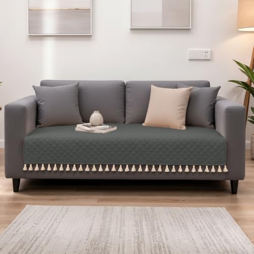 Image of HOMEMONDE 2 Seater Quilted Velvet Sofa Cover with Tassels |Soft, Durable & Premium Fabric with Tassels | Sofa Cover Mats for Living Room, Bedroom, Drawing Room & Office (76 X 122 CM, Grey)