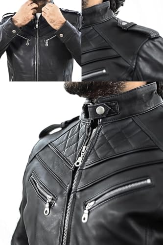 Image of Mens Genuine Black Leather Biker Jacket Cafe Racer Vintage Real Motorcycle Leather Jacket For Men